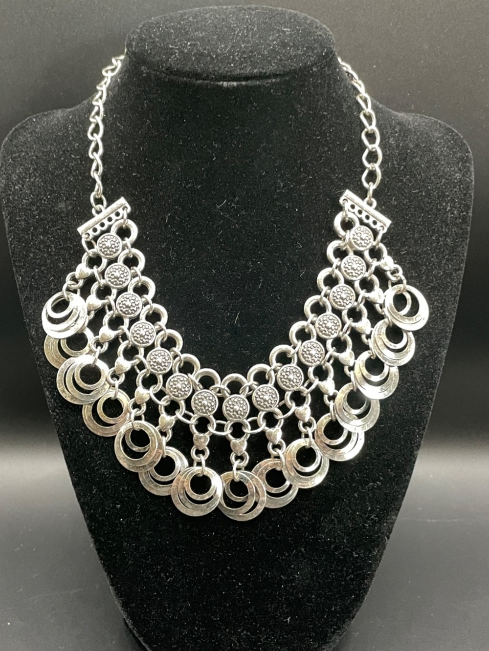 Bohemian Bib Statement Necklace Silver Tone Tribal Aesthetic